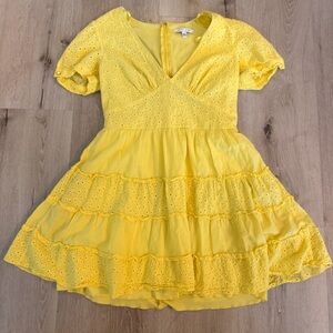 City Vibe Yellow Eyelet Tiered Mini Dress ☀️
